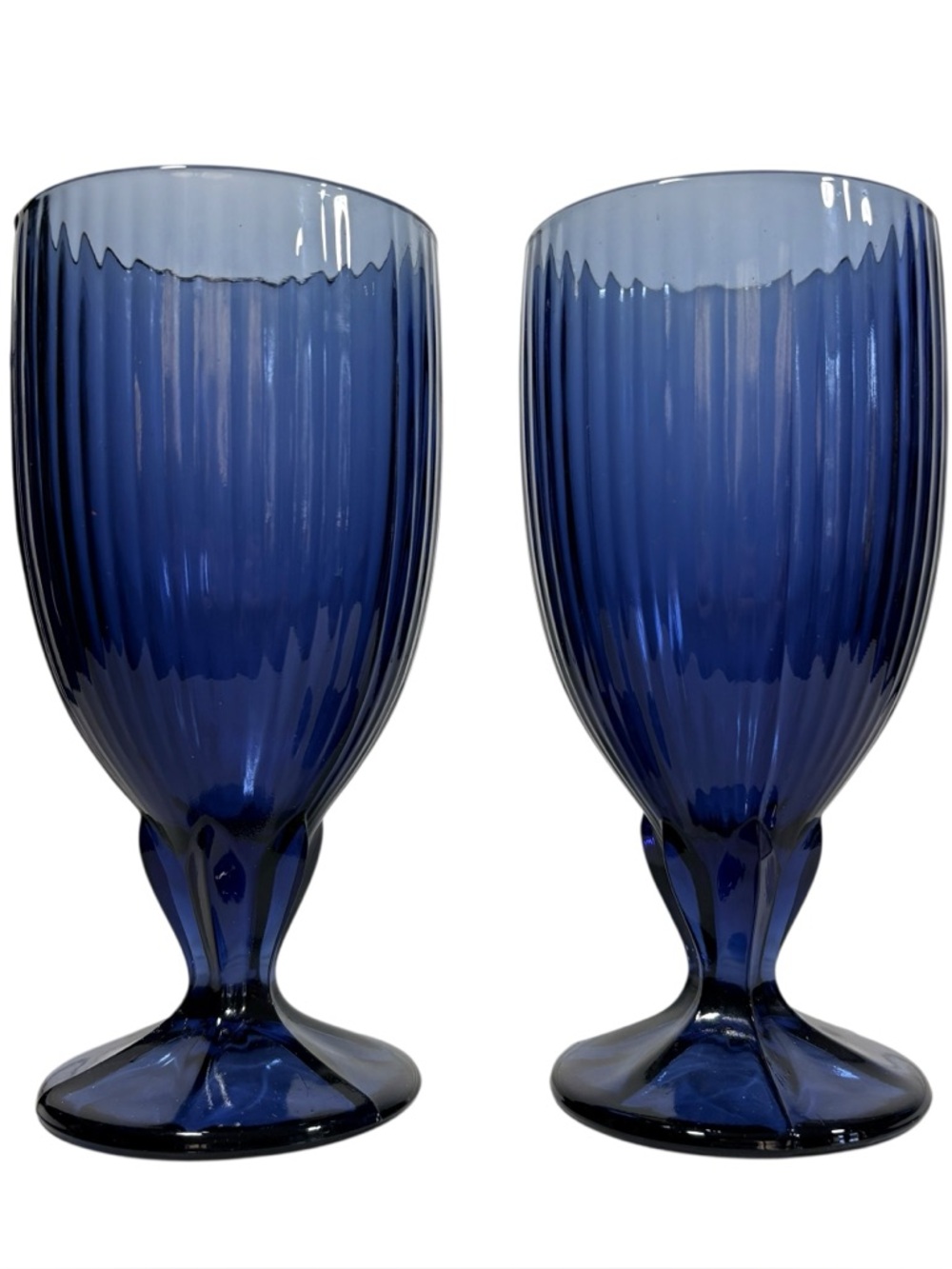 Fostoria Monet Blue Midnight Ribbed Pedestal Water Iced Tea Goblets Set Of 2